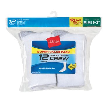 Hanes Boys' 12-Pack Crew Socks, Small