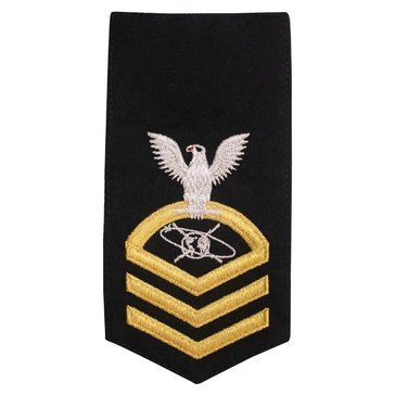 Men's E7 (MCC) Rating Badge in STANDARD Gold on Blue POLY/WOOL for Mass Communications Specialist