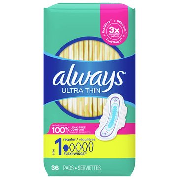 Always Ultra Thin Size 1 Regular Unscented Pads With Flexi-Wings, 36-count