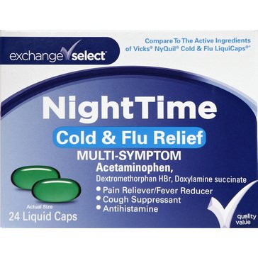 Exchange Select Nighttime PE Multi-Symptom Cold & Flu Relief Liqui-Caps, 24-count