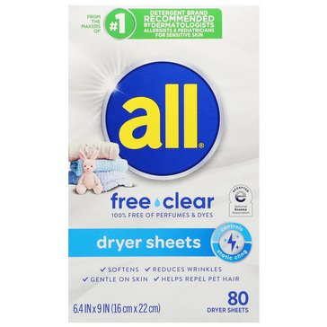 All Free and Clear Fabric Softening Dryer Sheets, 80-Count