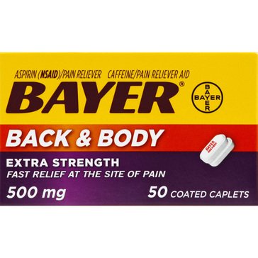 Bayer Back and Body Extra Strength Aspirin With Caffeine 500mg Coated Caplets, 50-count