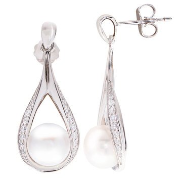 Sterling Silver 8 1/2-9mm Freshwater Pearl & White Topaz Earrings