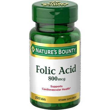 Nature's Bounty 800mcg Folic Acid Vitamin Tablets, 250-count