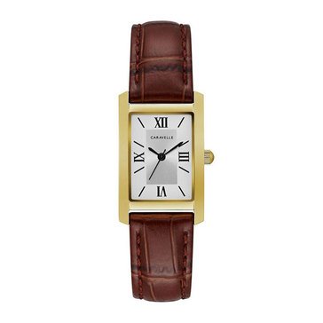 Caravelle Women's Rectangular Brown Leather Strap Gold Tone Watch