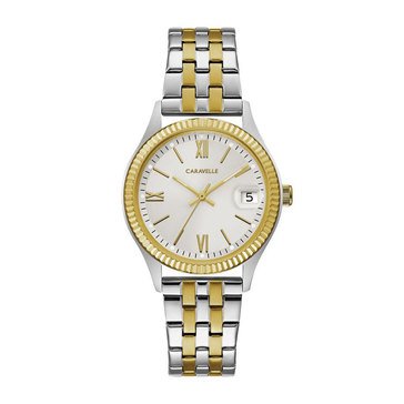 Caravelle Women's Two-Tone Stainless-Steel Bracelet Coin Edge Gold Bezel Date Marker Watch 