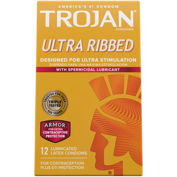 Trojan Stimulations Ultra Ribbed Spermicidal Latex Condoms, 12-count