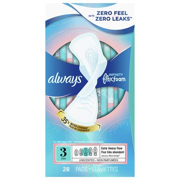 Always Infinity Size 3 Extra Heavy Sanitary Pads with Wings Unscented, 28-count