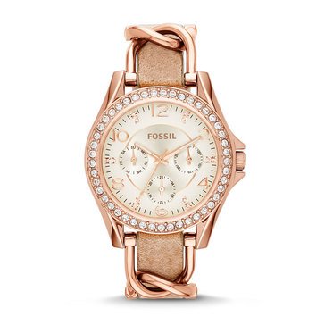 Fossil Women's Riley Multifunction Rose-Tone & Sand Leather Watch 