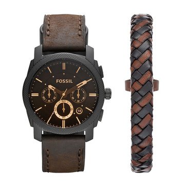 Fossil Men's Machine Leather Chronograph Watch & Bracelet Box Set 