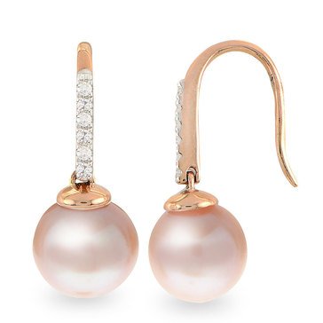 Imperial Rose Freshwater Cultured Pearl and Diamond Drop Earrings, 14K