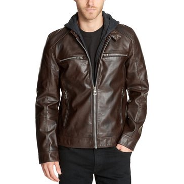 Guess Men's Faux Leather Moto Removable Hoodie