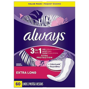 Always 3N1 Extra Long Unscented Liner, 60-count