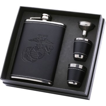 Vanguard USMC Black Debossed Leather Flask Set with 2 Shot Glasses