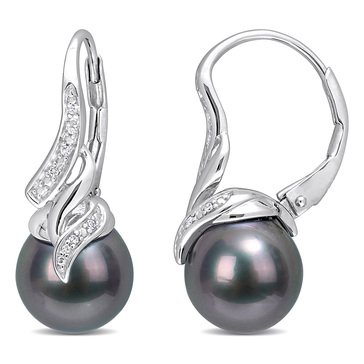 Sofia B. Sterling Silver Black Tahitian Pearl and Diamond-Accent Twist Leverback Drop Earrings