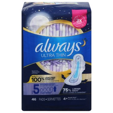 Always Ultra Thin Pads Size 5 Extra Heavy Overnight Unscented w/Wings 46Ct