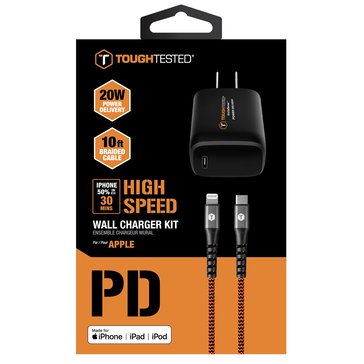 Toughtested Pro Apple PD Charging kit with 20W PD Home Charger and braided 10ft C to Lightning Cable