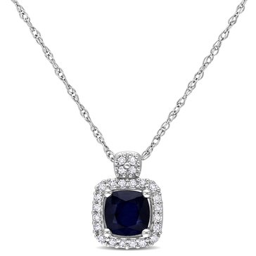 Sofia B. 10K White Gold 1/10 cttw Halo Diamond and Cushion-Cut Diffused Sapphire Pendant