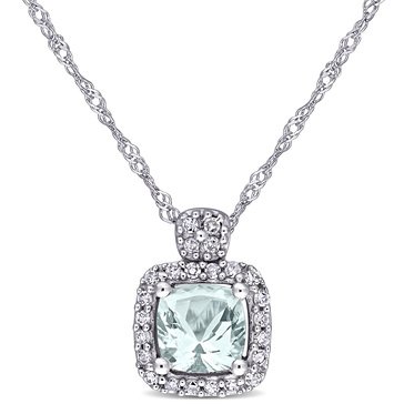 Sofia B. 10K White Gold Cushion Cut Aquamarine and 1/10 cttw Diamond Pendant Necklace