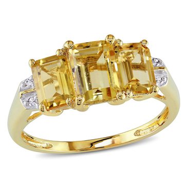 Sofia B. 10K Yellow Gold Emerald Cut Citrine with Diamonds 3-Stone Ring