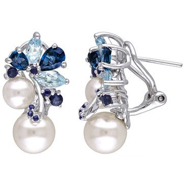 Sofia B. 3 cttw Topaz, Sapphire and Freshwater Cultured White Pearl Cluster Earrings