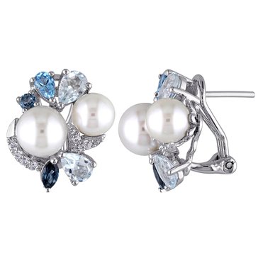 Sofia B. 3 1/2 cttw Created Sapphire, Blue Topaz and Freshwater Cultured Pearl Cluster Earrings