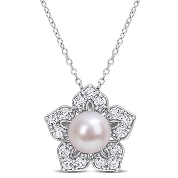 Sofia B. Freshwater Cultured Pearl and 1 1/3 cttw Created White Sapphire Floral Necklace