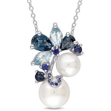 Sofia B. Cultured Freshwater Pearl, London and Sky-Blue Topaz, and Sapphire Pendant