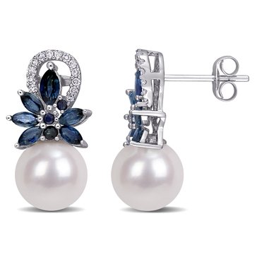Sofia B. Freshwater Pearl, Sapphire and 1/8 cttw Diamond Flower Drop Earrings