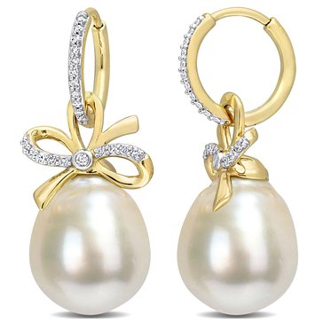 Sofia B. Golden South Sea Cultured Pearl and 1/4 CT. TW. Diamond Bow Huggie Earrings, 14K Yellow Gold