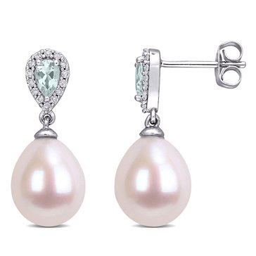 Sofia B. 10K White Gold Freshwater Cultured Pearl, Aquamarine and 1/7 cttw Diamond Drop Earrings