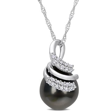 Sofia B. 14K White Gold Black Tahitian Cultured Pearl and 1/10 cttw Diamond Swirl Pendant