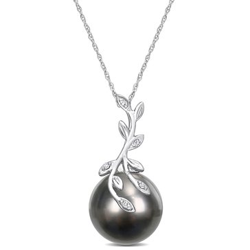 Sofia B. 14K White Gold Black Tahitian Cultured Pearl and Diamond Accent Leaf Design Pendant