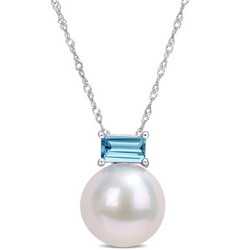 Sofia B. 10K White Gold Freshwater Cultured Pearl and Baguette London Blue Topaz Stud Pendant