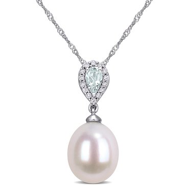 Sofia B. 10K White Gold Freshwater Cultured Pearl, Aquamarine and Diamond Accent Drop Pendant