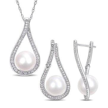Sofia B. Freshwater Cultured Pearl and 1/2 cttw Diamond Teardrop Earrings & Pendant Set