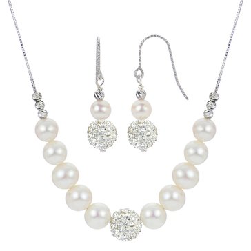 Freshwater Cultured Pearl and Clay Crystal Bead Necklace and Drop Earring Set