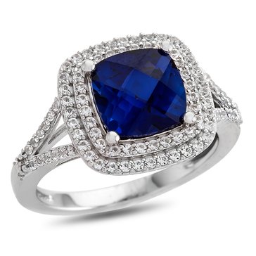 Cushion Cut Created Sapphire and Lab Created White Sapphire Ring
