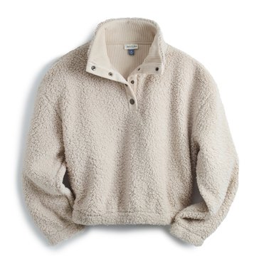 Yarn & Sea Women's Long Sleeve Rib Velour Collar Snap Neck Sherpa Fleece (Juniors)