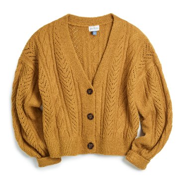 Yarn & Sea Women's Long Sleeve V-Neck Button Front Cable Boucle Sweater Cardie (Juniors)