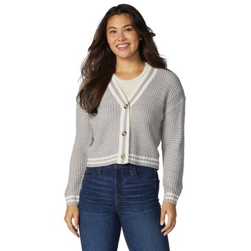 Yarn & Sea Women's Long Sleeve V-Neck Button Front Tipped Waffle Sweater Cardie (Juniors)