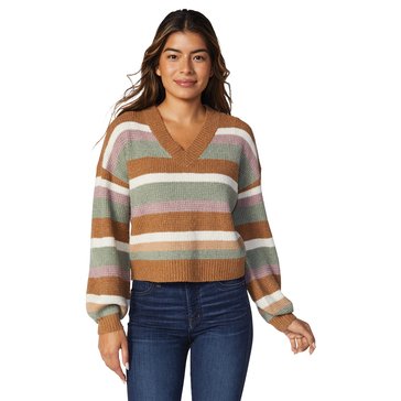 Yarn & Sea Women's V-Neck Striped Recycled Waffle Stitch Sweater (Juniors)