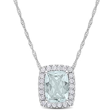 Sofia B. 2 ct Cushion-Cut Aquamarine and 1/4 cttw Diamond Halo Necklace