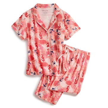 Yarn & Sea Women's Dreamy Soft Short Sleeve Notch Collar Pant 2-Piece Set