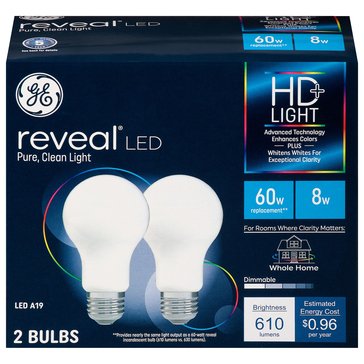 GE Reveal HD Color-Enhancing 60W Replacement LED Frosted General Purpose A19 Light Bulbs 2-Pack
