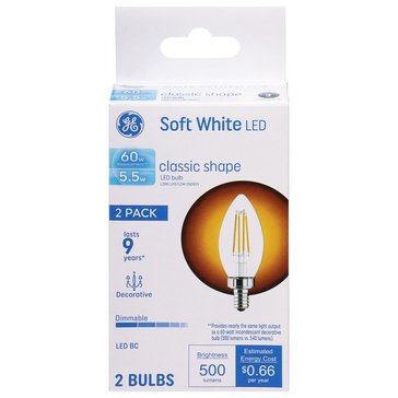 GE 60W LED Soft White Clear Decorative E12 Base Blunt Tip 2-Pack Light Bulbs