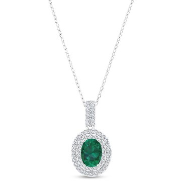 Created Emerald & Created White Sapphire Oval Halo Pendant Necklace