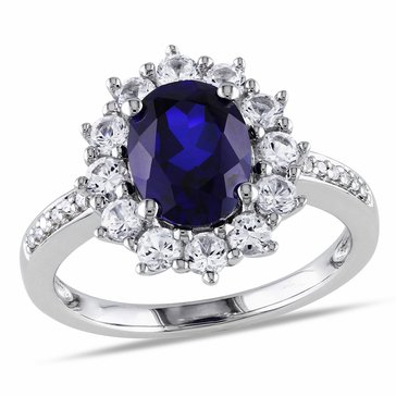 Sofia B. Halo Diamond and 4 cttw Created Blue & White Sapphire Ring