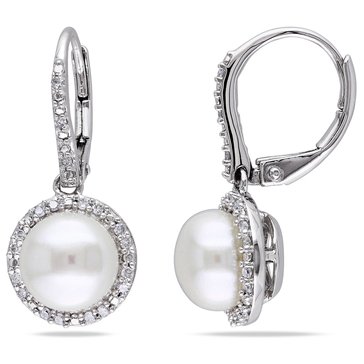 Sofia B. 1/5 cttw Diamond and White Cultured Freshwater Pearl Leverback Halo Earrings