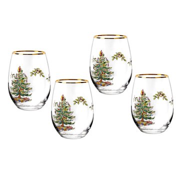 Spode Christmas Tree Stemless Wine Glasses, Set of 4